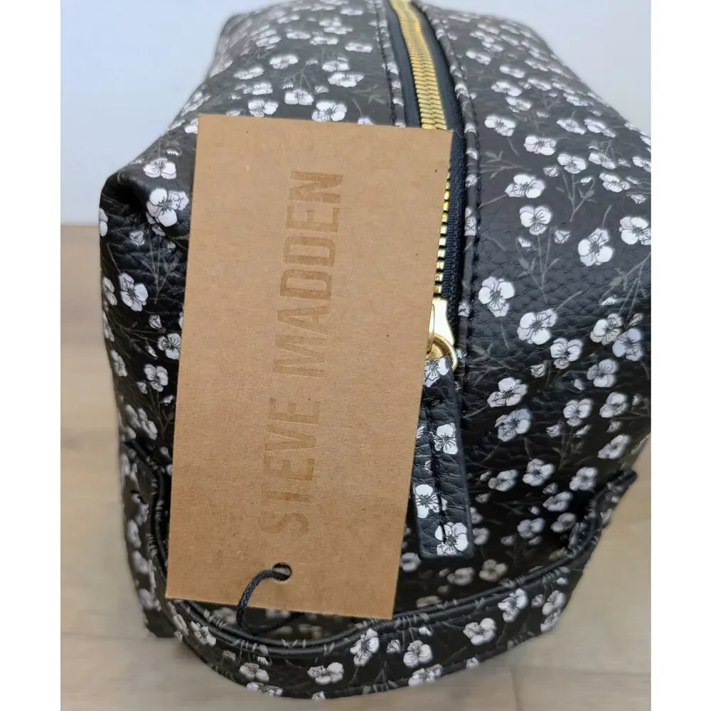 Steve Madden Large Cosmetic Bag Black White Mini Floral Coated Quilted Lined NEW